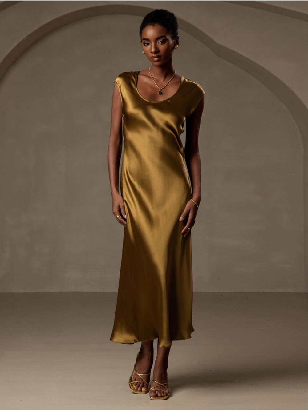 Silk Cap Sleeve Round Neck Midi Dress